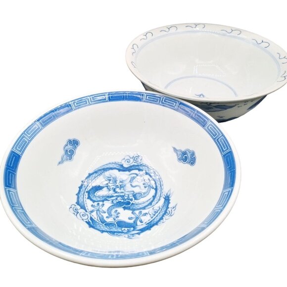 Set of 2 Blue White Porcelain Bowls Dragon and Landscape Design For Ramen 1 Mark - Picture 1 of 16
